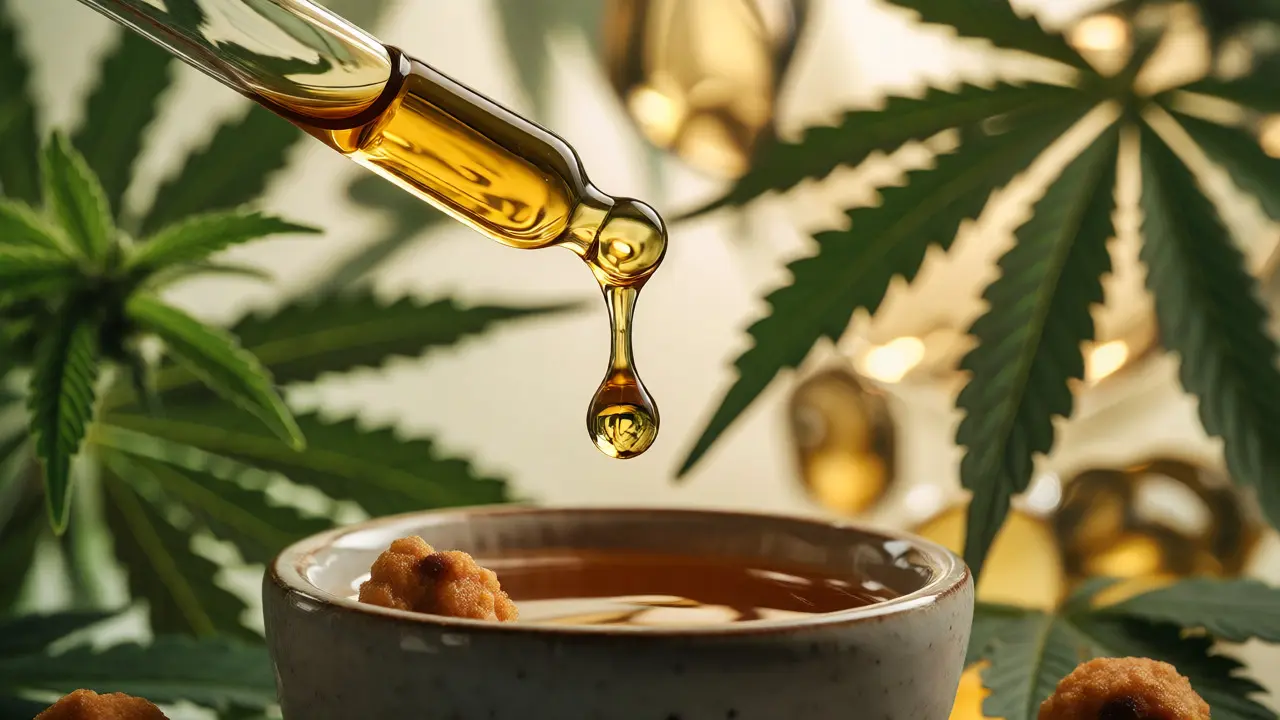 Kapka CBD oleje padající do misky s pamlsky