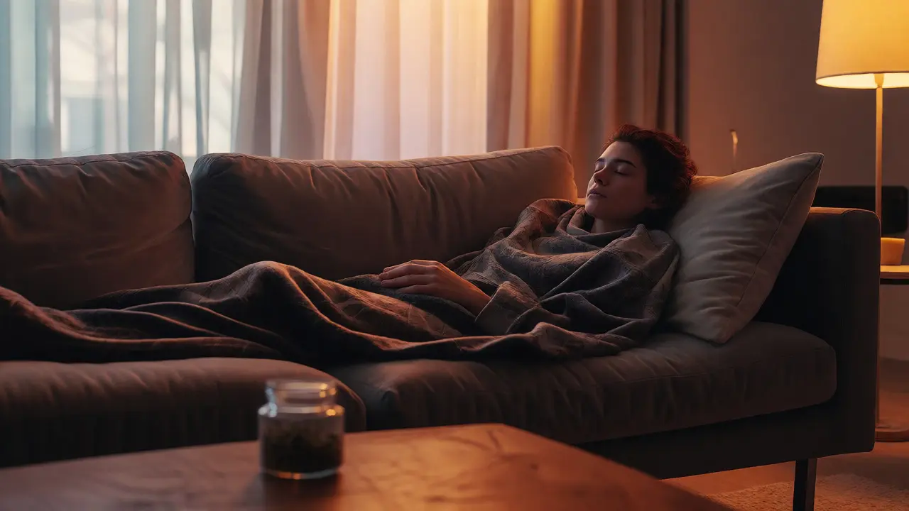 Osoba relaxující na gauči v teplém osvětlení