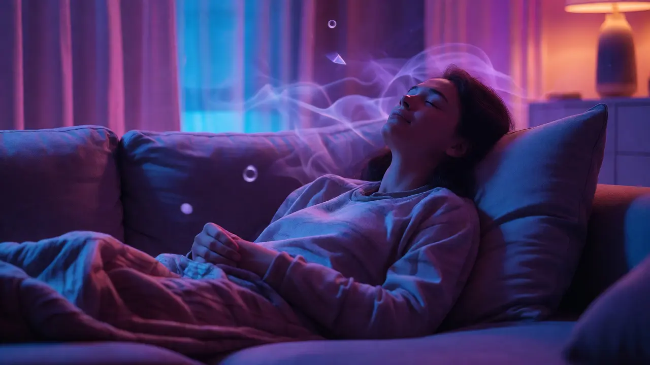 Osoba relaxující na gauči ve fialovém světle během vrcholu účinku.
