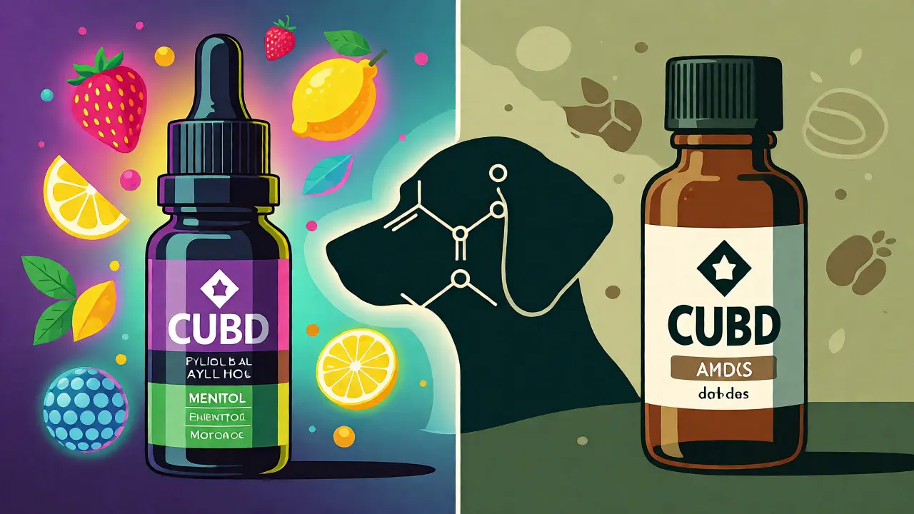 Porovnání lidského CBD s příchutěmi a veterinárního CBD bez aditiv.
