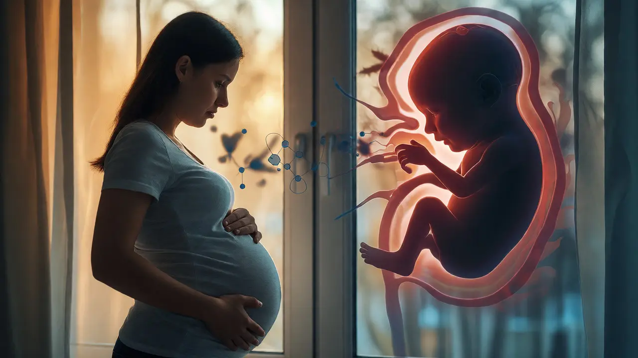 Těhotná žena u okna s grafickým náznakem přenosu látek na plod