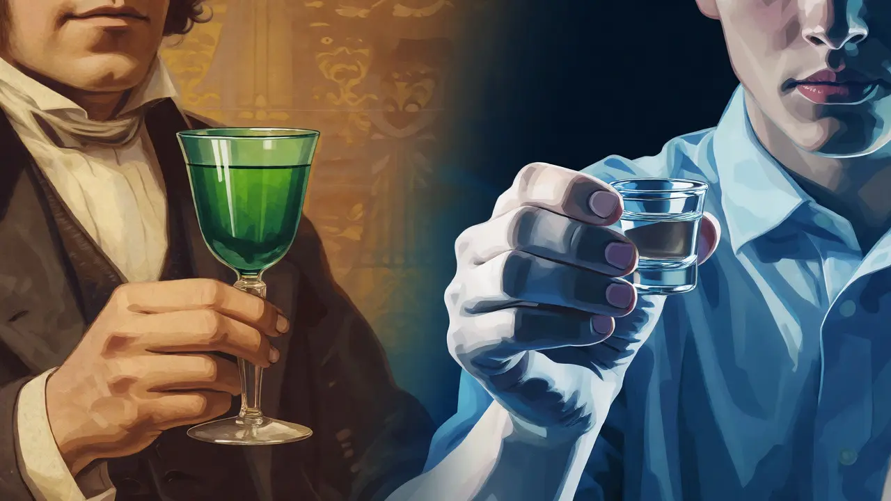 Umělecké zobrazení historického absintu a moderního silného alkoholu