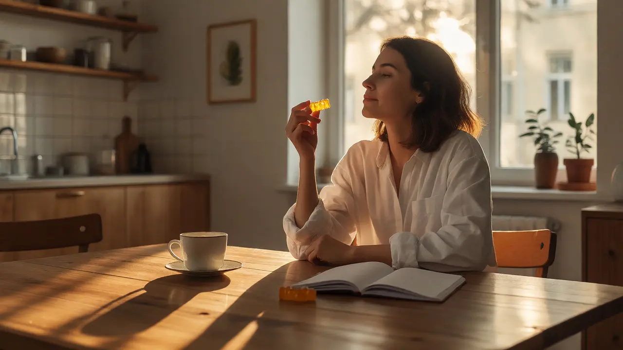 Žena drží jeden CBD medvídek u stolu s kávou v klidném prostředí